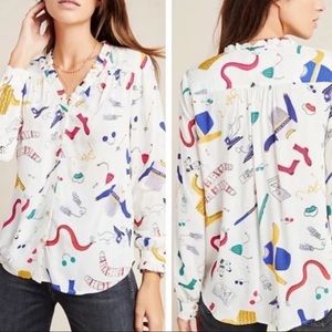 Maeve Anthropologie Marisol Long Sleeve Winter Ski Print Blouse Size 6P